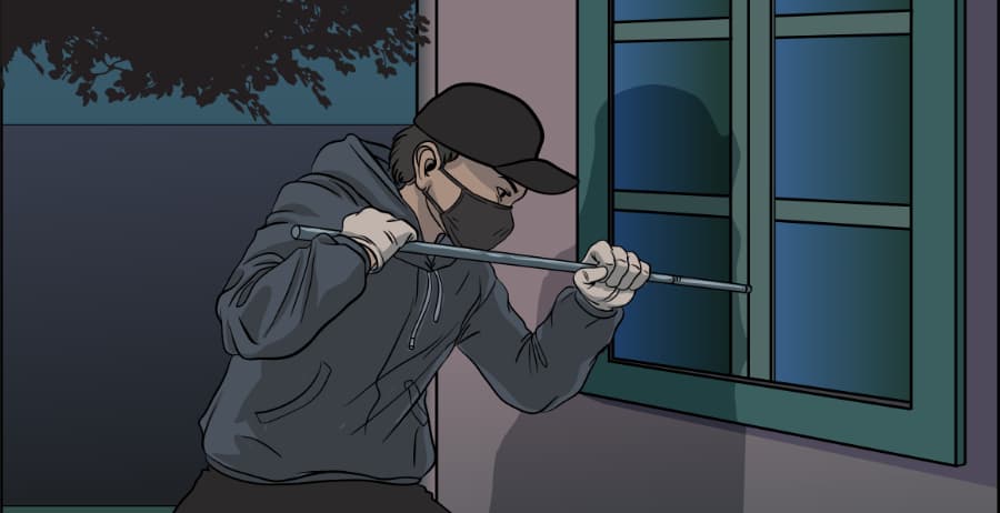 Illustration of burglar forcing entry through a window in Boston
