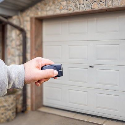 Boston security key fob pointing to a garage door